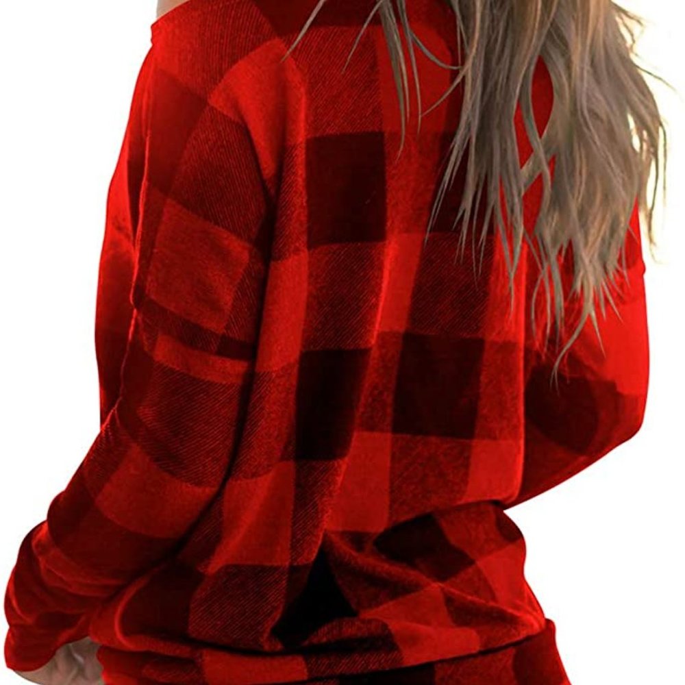 Women's Off Shoulder Top Long Sleeve Plaid - Picture 2 of 5